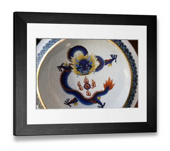 Framed Print : Bold dragon design on cloisonne plate displayed at factory showroom outside Beijing