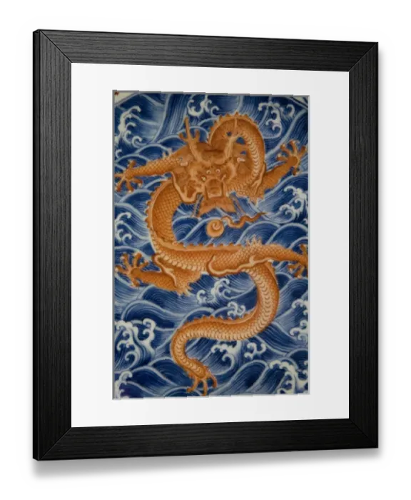 Framed Print : Striking dragon design on porcelain china. Dragon traditionally represents Imperial power and might Framed Print : Striking dragon design on porcelain china. Dragon traditionally represents Imperial power and might