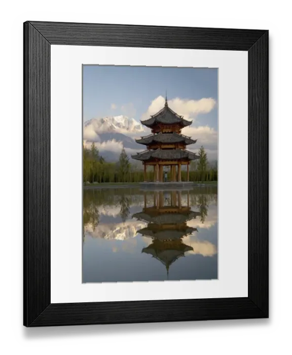 Framed Print : Pagoda reflected in pond, Valley of Jade Dragon Snow Mountain