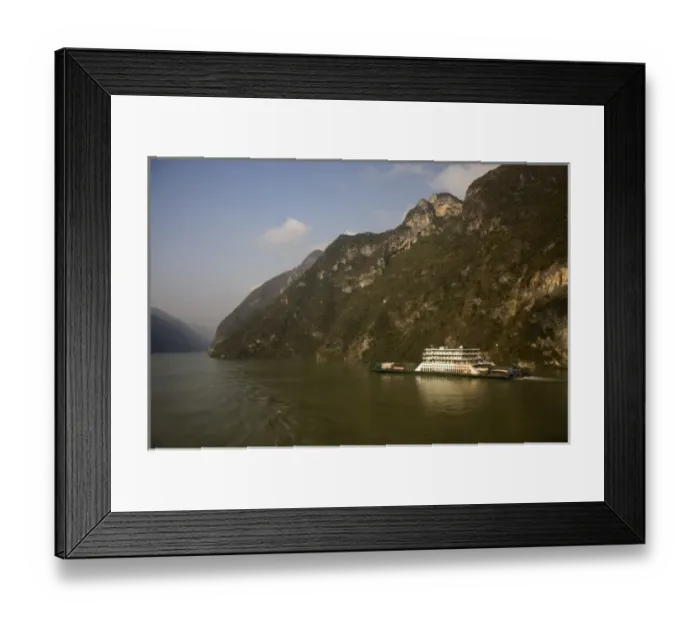 Framed Print : Speedy hydrofoil hugs perpendicular Yangzi shoreline cliffs