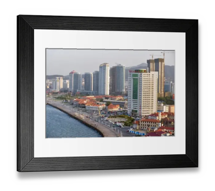 Framed Print : Aerial view of Yantai skyline seen from Yantai Mountain near the waterftont, Shandong Province Framed Print : Aerial view of Yantai skyline seen from Yantai Mountain near the waterftont, Shandong Province