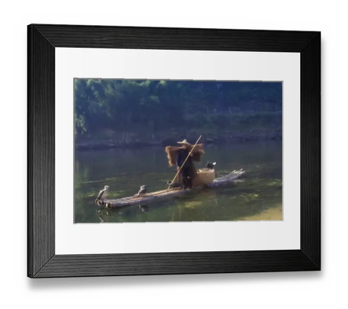 Framed Print : Fisherman with cormorants on bamboo raft on the Li River, Guangxi Province, China Framed Print : Fisherman with cormorants on bamboo raft on the Li River, Guangxi Province, China