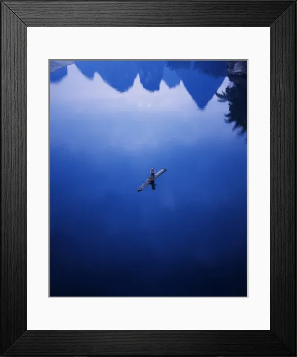 Framed Print : Fisherman on bamboo raft on Li River, Yangshuo, Guangxi Province, China