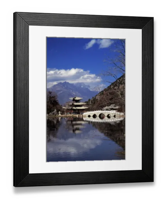 Framed Print : Bridge and pagoda in Black Dragon Pool Park, Jade Dragon Snow Mountain in the distance Framed Print : Bridge and pagoda in Black Dragon Pool Park, Jade Dragon Snow Mountain in the distance