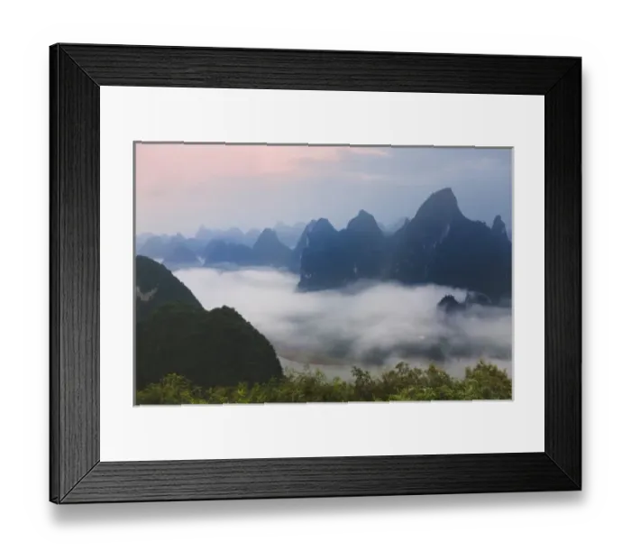 Framed Print : Karst hills in morning mist, Li River area, Yangshuo, Guangxi, China