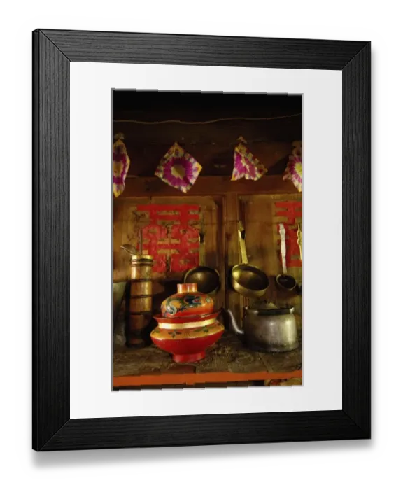 Framed Print : Noodle bowl in Kitchen or cooking area inside of a Tibetan house. Zhongdian. Deqin Framed Print : Noodle bowl in Kitchen or cooking area inside of a Tibetan house. Zhongdian. Deqin