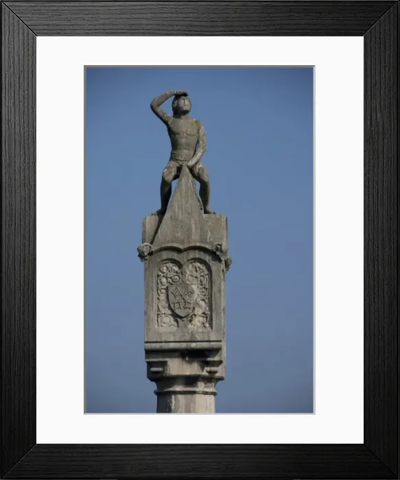 Framed Print : Germany, Regensburg. Historic Stone Bridge, bridge sculpture looking down the Danube Framed Print : Germany, Regensburg. Historic Stone Bridge, bridge sculpture looking down the Danube