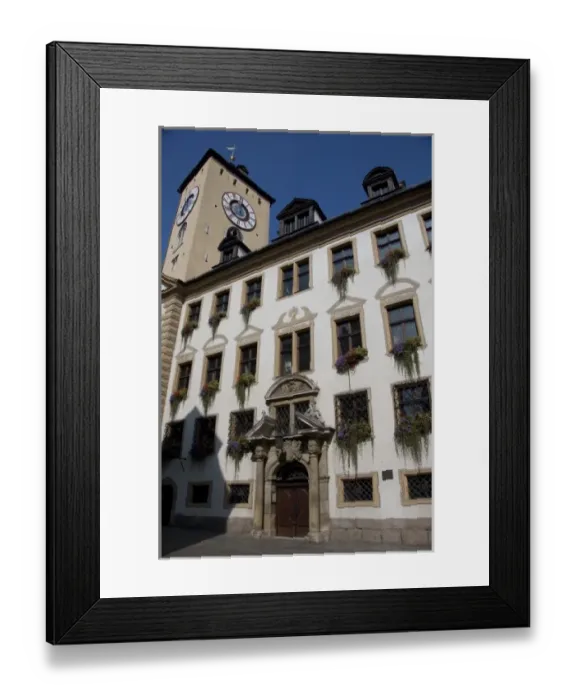 Framed Print : Germany, Bavaria, Regensburg. Historic clock tower
