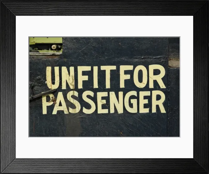 Framed Print : Unfit for passengers sign on train parked at train station, Udaipur, India Framed Print : Unfit for passengers sign on train parked at train station, Udaipur, India
