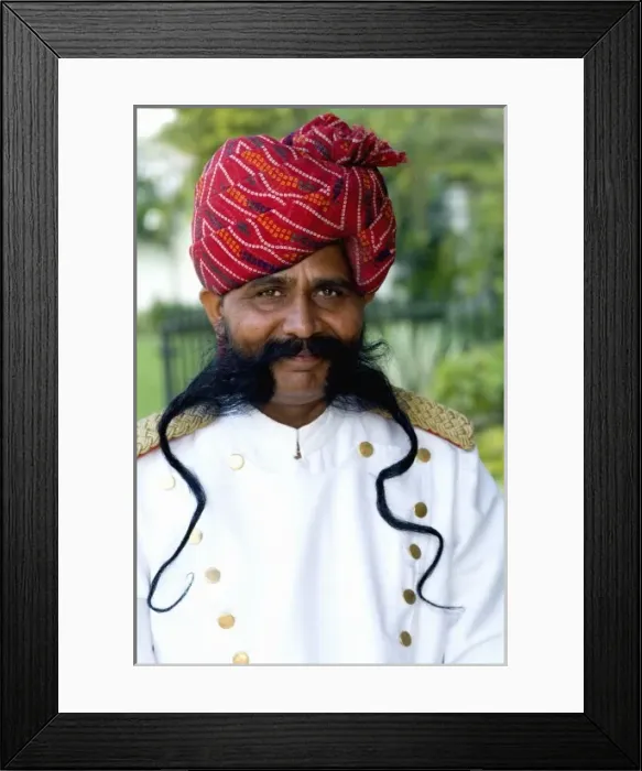 Framed Print : Doorman with great moustache and smile at Park Plaza Hotel in Jaipur Rajasthan India (MR)