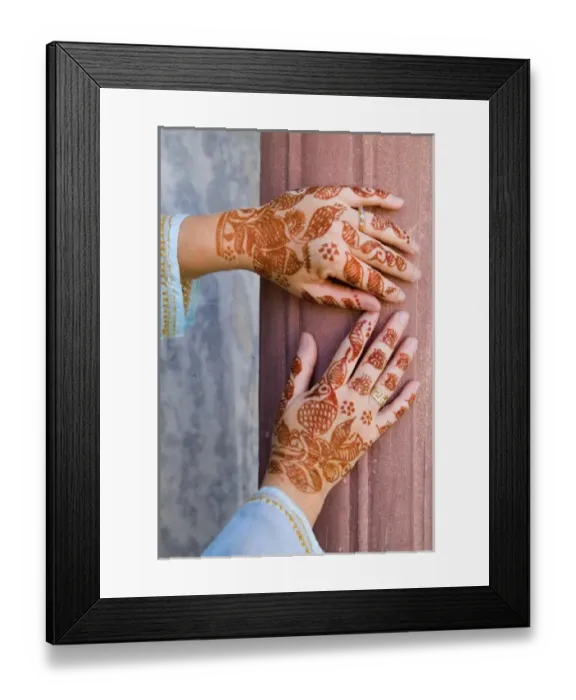 Framed Print : Colorful Henna design on womans hands artwork for celebration tatoos in Delhi India Framed Print : Colorful Henna design on womans hands artwork for celebration tatoos in Delhi India