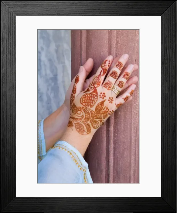 Framed Print : Colorful Henna design on womans hands artwork for celebration tatoos in Delhi India (MR) Framed Print : Colorful Henna design on womans hands artwork for celebration tatoos in Delhi India (MR)