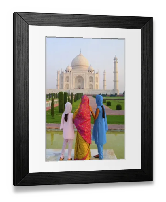 Framed Print : Hindu women with colorful veils in the quiet peaceful Taj Mahal one of the wonders Framed Print : Hindu women with colorful veils in the quiet peaceful Taj Mahal one of the wonders