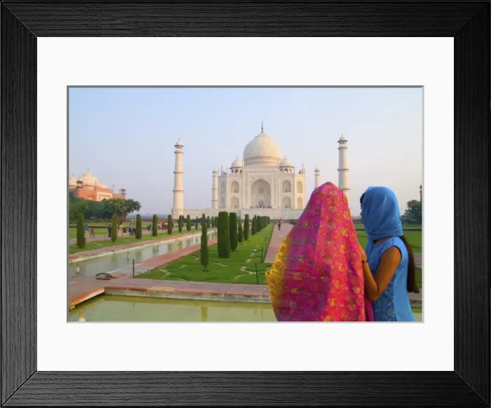 Framed Print : Hindu women with colorful veils in the quiet peaceful Taj Mahal one of the wonders Framed Print : Hindu women with colorful veils in the quiet peaceful Taj Mahal one of the wonders