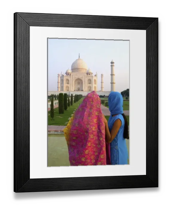 Framed Print : Hindu women with colorful veils in the quiet peaceful Taj Mahal one of the wonders Framed Print : Hindu women with colorful veils in the quiet peaceful Taj Mahal one of the wonders