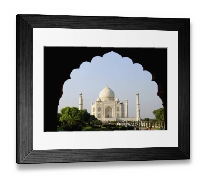 Framed Print : Photograph through a doorway showing sunrise at the famous Taj Mahal one of the wonders Framed Print : Photograph through a doorway showing sunrise at the famous Taj Mahal one of the wonders