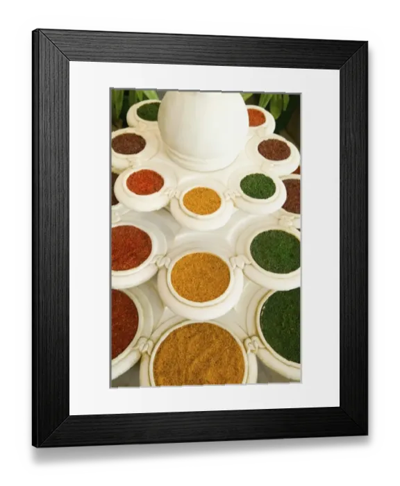 Framed Print : Abstract colorful bowls of spices in vases from above in Agra India Framed Print : Abstract colorful bowls of spices in vases from above in Agra India