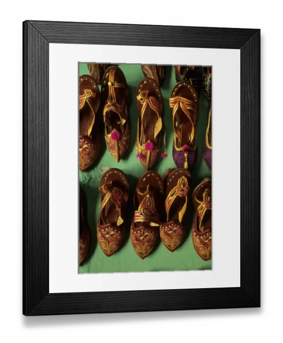 Framed Print : India, Rajasthan, Jaisalmer. Colorful embroidered leather shoes Framed Print : India, Rajasthan, Jaisalmer. Colorful embroidered leather shoes