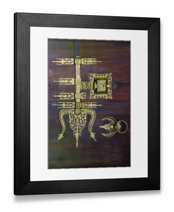 Framed Print : Decoration on traditional lock on door, Kerala, India