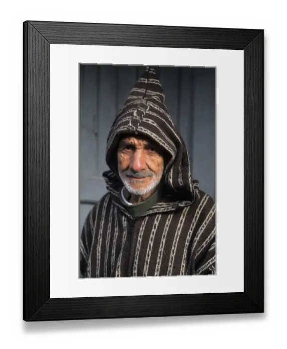 Framed Print : Old Muslim Man with hood and smiling in Tangier Morocco Africa Portrait (MR)