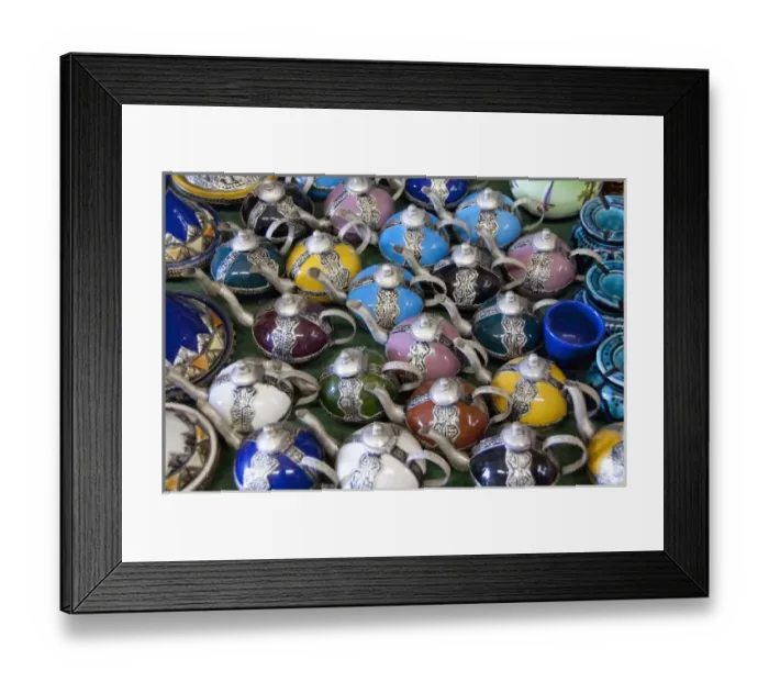 Framed Print : Africa, Morocco, Casablanca. Traditional handicraft market. Souvenir ceramic tea pots Framed Print : Africa, Morocco, Casablanca. Traditional handicraft market. Souvenir ceramic tea pots