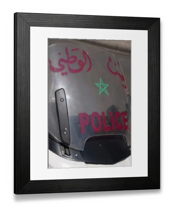 Framed Print : Morocco, Tetouan. Police motortcyle windshield with Arabic writing Framed Print : Morocco, Tetouan. Police motortcyle windshield with Arabic writing