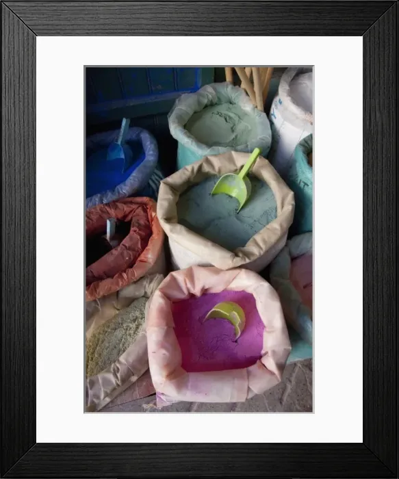 Framed Print : Morocco, Tetouan. Historic medina bazaar. Colorful powdered dye in sacks Framed Print : Morocco, Tetouan. Historic medina bazaar. Colorful powdered dye in sacks