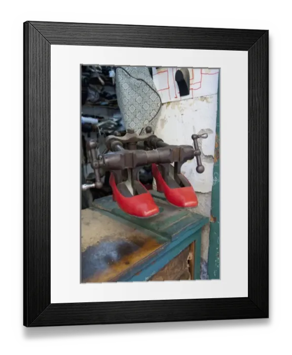 Framed Print : Morocco, Tetouan. The medina (old town) of TEtouan, UNESCO. Typical cobbler & shoe repair shop