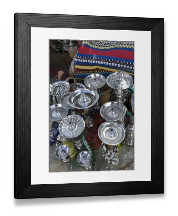 Framed Print : Chefchaouen Morocco decorative Moroccan silver-colored hookahs for sale in the medina Framed Print : Chefchaouen Morocco decorative Moroccan silver-colored hookahs for sale in the medina