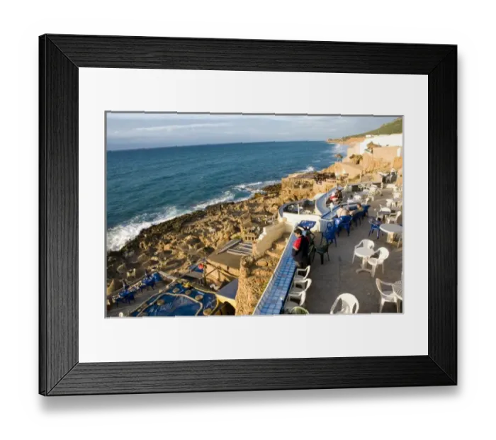 Framed Print : Tangier Morocco cafe on the Atlantic Ocean at Hercules Cave