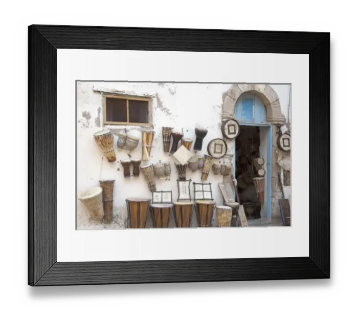 Framed Print : Morocco, shop with traditional music instruments in the Medina, old town, of Essaouira Framed Print : Morocco, shop with traditional music instruments in the Medina, old town, of Essaouira