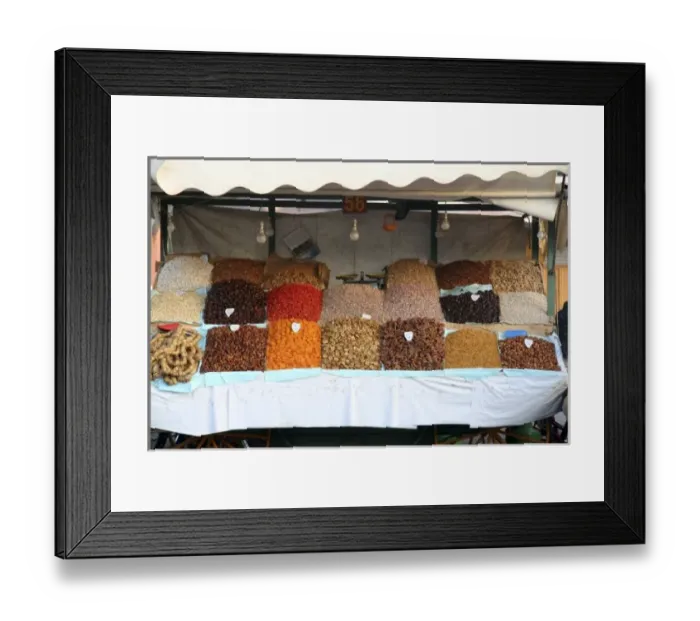 Framed Print : North Africa, Africa, Morocco, Marrakesh. Dried fruits, nuts and spices of the Djeema el Fna