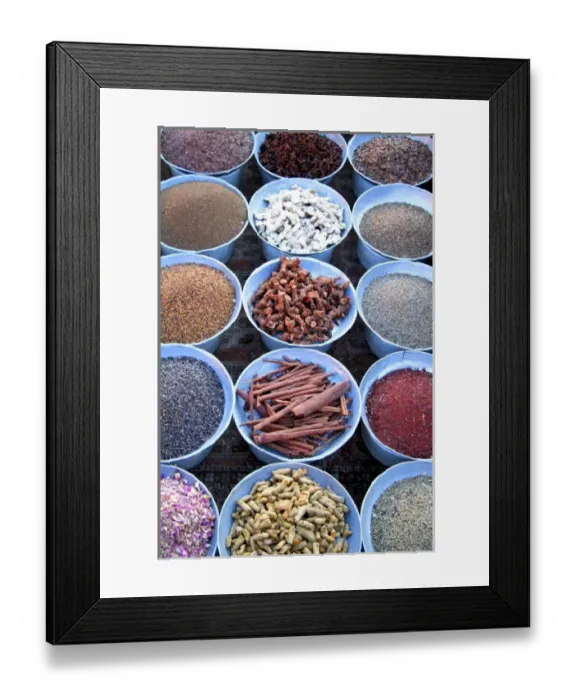 Framed Print : North Africa, Africa, Morocco, Marrakesh. Dried nuts and spices of the Djeema el Fna souks