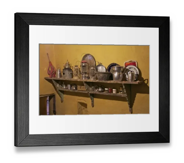 Framed Print : Ksar Maadid, region of Errachidia: fortified village and oasis. Kitchen utensils inside a house