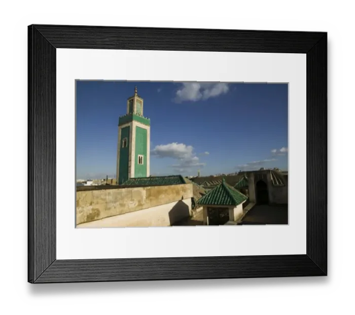 Framed Print : MOROCCO, Meknes: Exterior View of the Grande Mosque Minaret from the Medersa Bou Inania Framed Print : MOROCCO, Meknes: Exterior View of the Grande Mosque Minaret from the Medersa Bou Inania