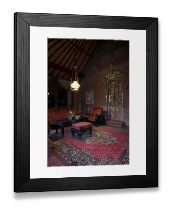 Framed Print : Indonesia, Bali, Ubud. Elaborately furnished open-air pavilion of Ubud Palace, now