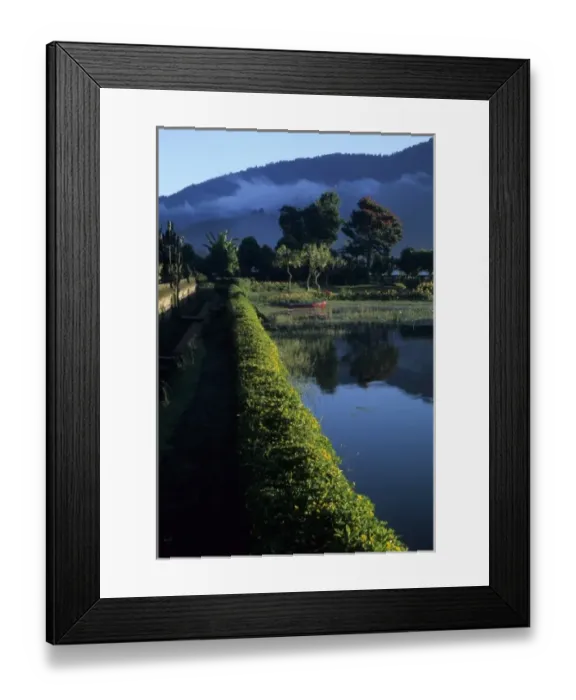Framed Print : Indonesia, Bali, Candikuning. Gardens of Hindu temple Pura Ulu Danau on Lake Bratan