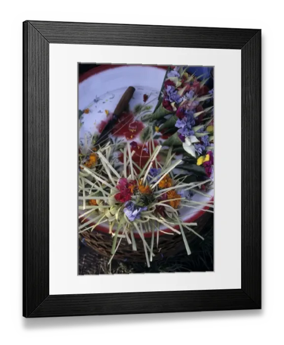 Framed Print : Indonesia, Bali. Flowers and palm ornaments are sold at Hindu temple ceremonies for Framed Print : Indonesia, Bali. Flowers and palm ornaments are sold at Hindu temple ceremonies for
