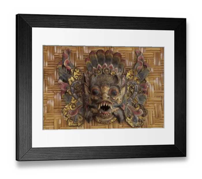 Framed Print : Indonesia, Bali, Ubud. Hand carved and painted Barong mask, a popular souvenir Framed Print : Indonesia, Bali, Ubud. Hand carved and painted Barong mask, a popular souvenir