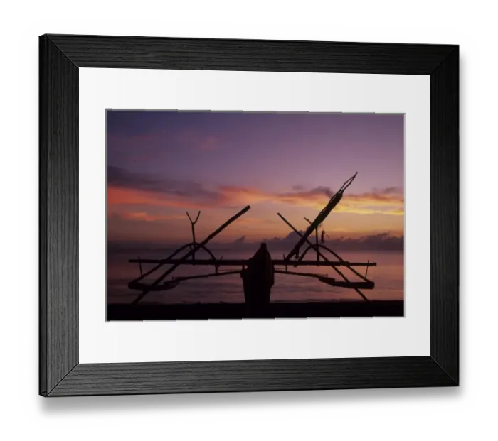 Framed Print : Indonesia, Sulawesi, Tangkoko Reserve. Perahu, traditional double-outrigger fishing canoe