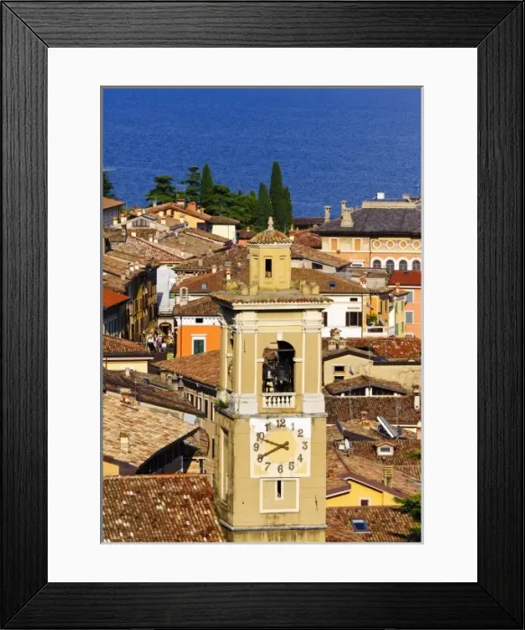 Framed Print : Italy, Lake Garda. The clock tower in the Lake Garda village of Limone