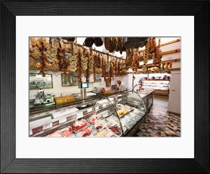Framed Print : Italy, Tuscany, Greve. Salumi market in Greves main square Framed Print : Italy, Tuscany, Greve. Salumi market in Greves main square