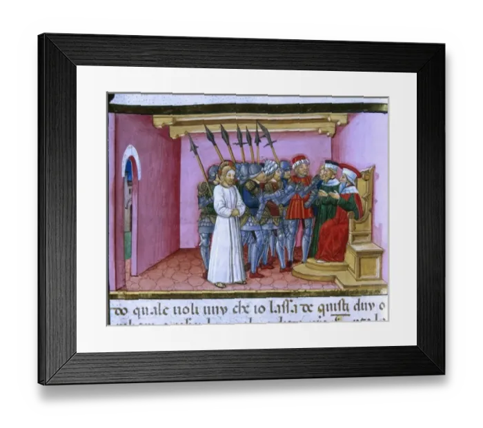 Framed Print : Jesus before Pilate who tries to convince the Jews to set free him. Illuminated pages Framed Print : Jesus before Pilate who tries to convince the Jews to set free him. Illuminated pages