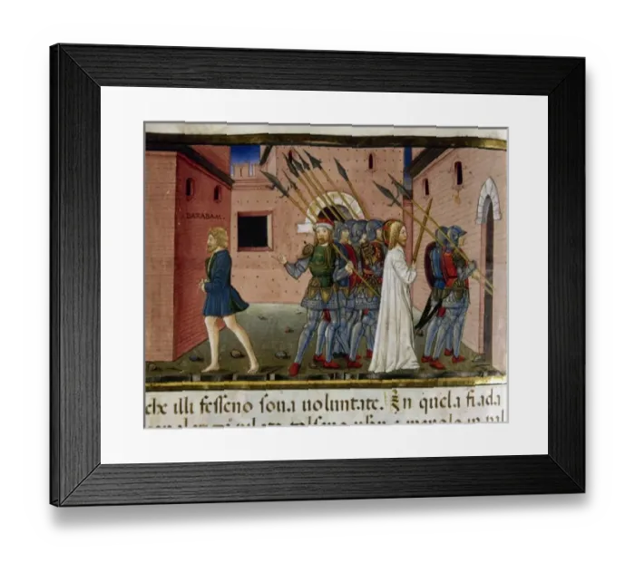 Framed Print : Pilate liberates Barabbas and orders Jesus is crucified. Codex of Predis (1476). Royal Library Framed Print : Pilate liberates Barabbas and orders Jesus is crucified. Codex of Predis (1476). Royal Library
