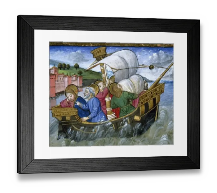 Framed Print : Storm on the Sea of Tiberias. Jesus tells his disciples not to fear. Codex of Predis (1476)