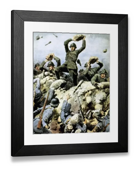Framed Print : World War I (1914-1918). Italian troops defending their positions against the enemy using stones