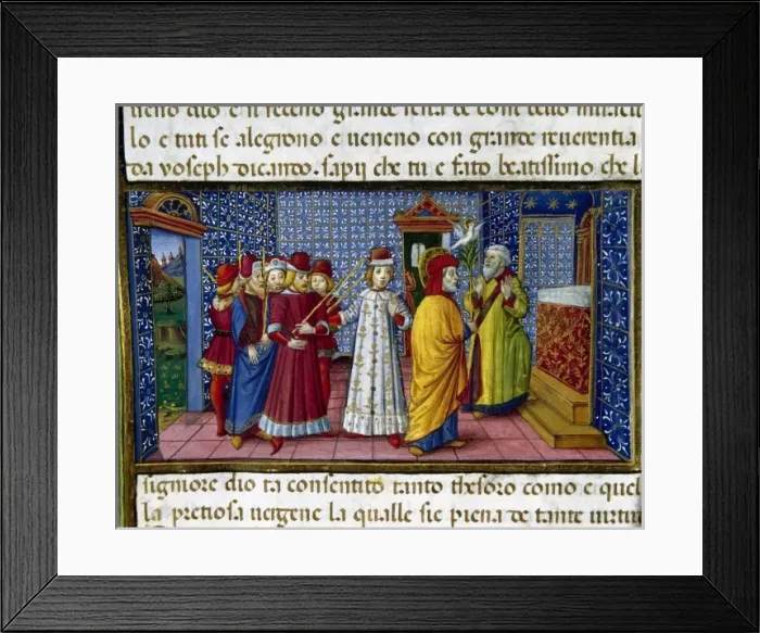 Framed Print : Joseph is elected Marys husband. Codex of Predis (1476). Royal Library. Turin Framed Print : Joseph is elected Marys husband. Codex of Predis (1476). Royal Library. Turin