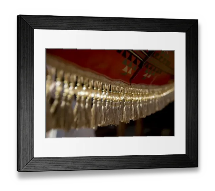 Framed Print : Jordan, Wadi Rum. Traditional Bedouin tent cover with beaded tassels