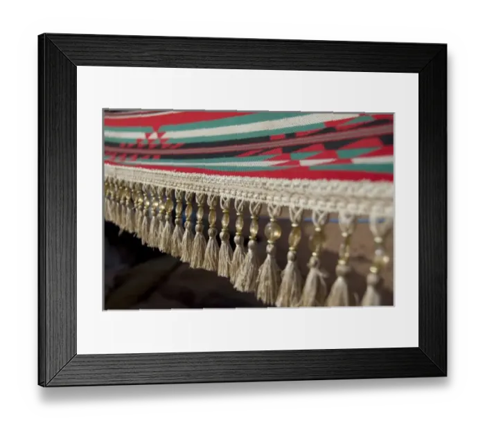 Framed Print : Jordan, Wadi Rum. Traditional Bedouin tent cover with beaded tassels Framed Print : Jordan, Wadi Rum. Traditional Bedouin tent cover with beaded tassels