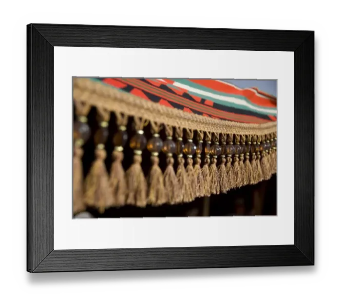 Framed Print : Jordan, Wadi Rum. Traditional Bedouin tent cover with beaded tassels